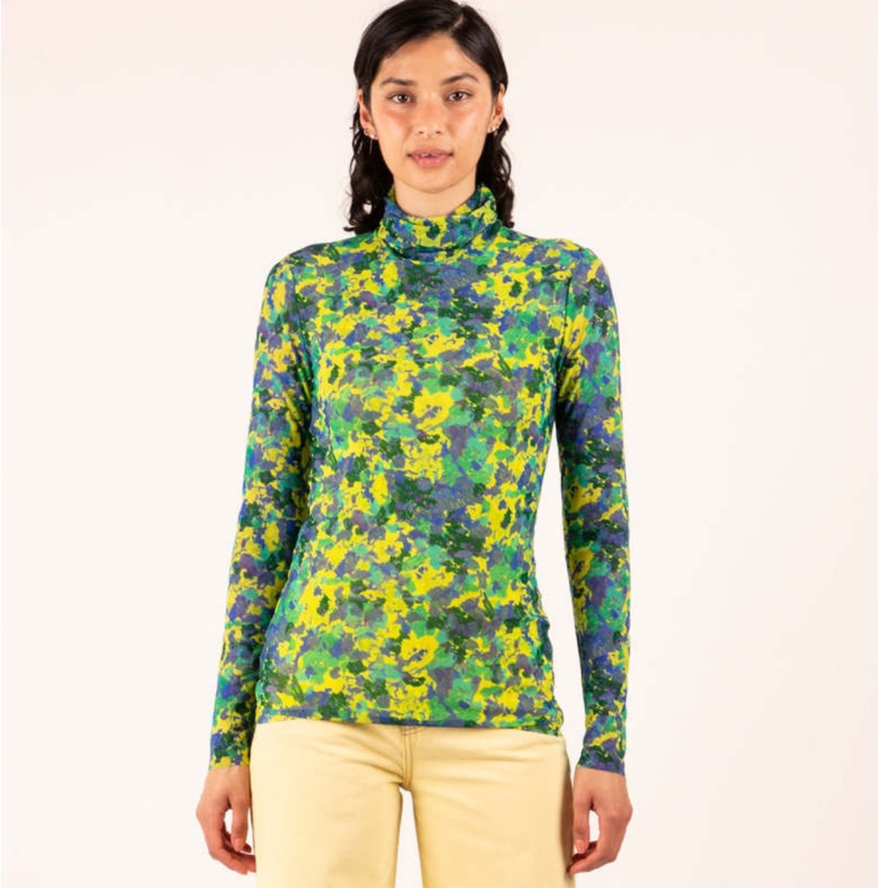 Ganni Floral Long Sleeve Top - Green and Yellow size S